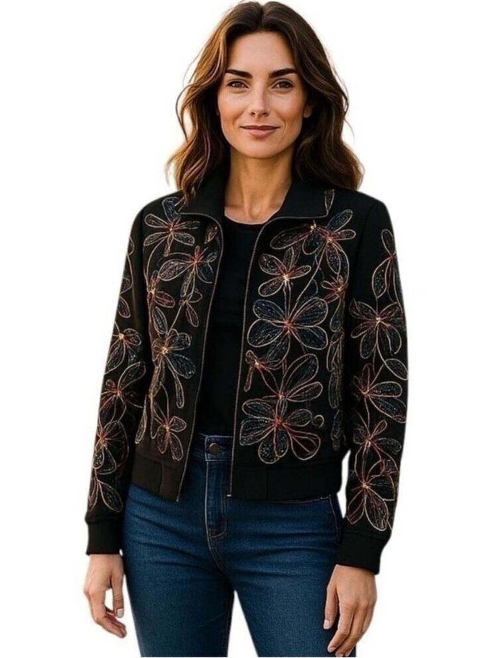 VINTAGE Boho Jacket Women’s Medium Front Zip Embroidered Sequin Floral Anage